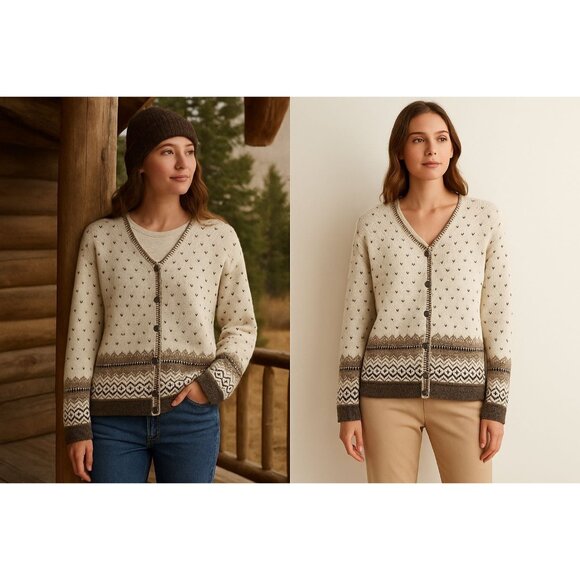 Eddie Bauer Women Fair Isle Cardigan Sweater Beige Brown L Quiet Luxury - Picture 1 of 6